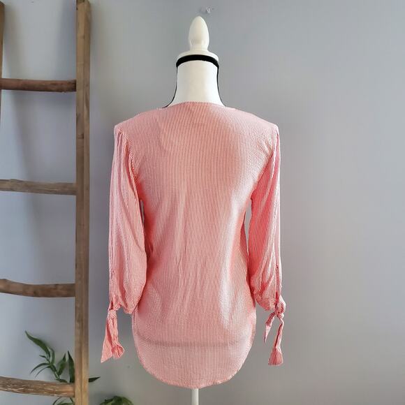 H&M L.O.G.G. Red & White Lightweight Striped Pullover Hi-Low Top Size 0 - Picture 2 of 7